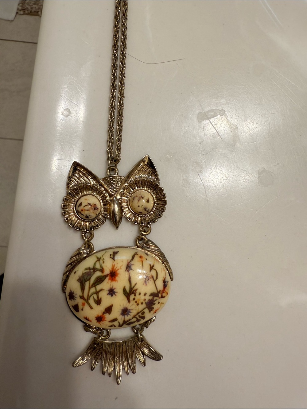 Gold-Tone Floral Ivory Owl Pendant Necklace